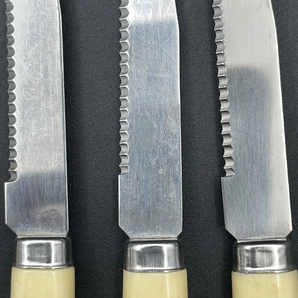 Quikut Stainless Serrated Steak Knives Ivory Handles Lot 5 USA Vintage